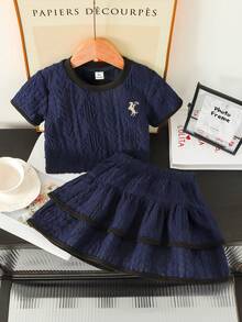 Genkimix Kids 女童刺繡圓領短袖紋理針織T恤與甜美蛋糕裙套裝，適合日常休閒、清新夏季度假、海灘、外出，可愛甜美穿搭 - 藏蓝色 - 查看 3