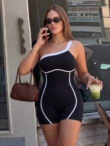 Gameset SHEIN Sport Women's Plus Size Colorblock One-Shoulder Sleeveless Athletic Romper - Multicolor - View 1