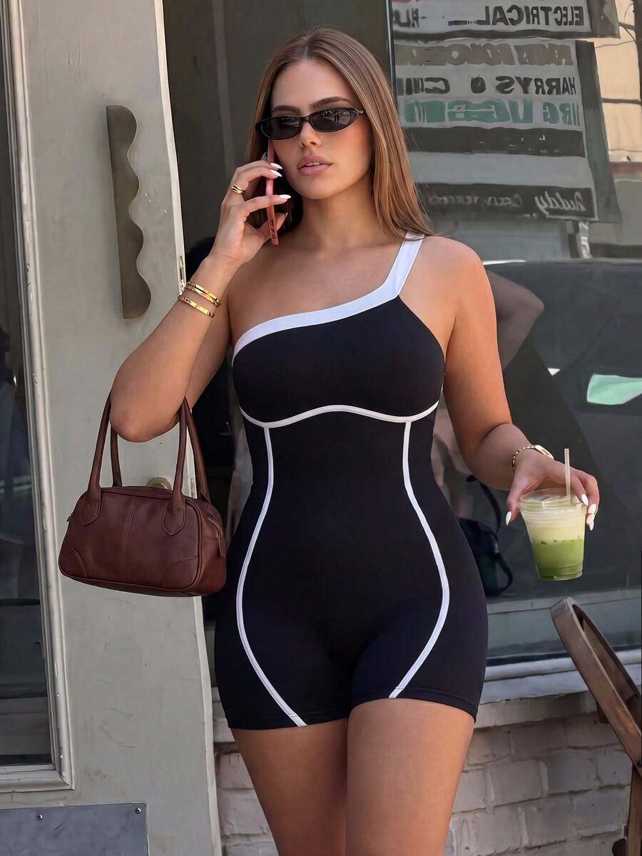 Gameset SHEIN Sport Women's Plus Size Colorblock One-Shoulder Sleeveless Athletic Romper - Multicolor - View 1