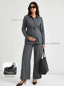 Modmama 孕婦休閒通勤條紋襯衫與長褲 2 件套裝 - 灰色 - 查看 1
