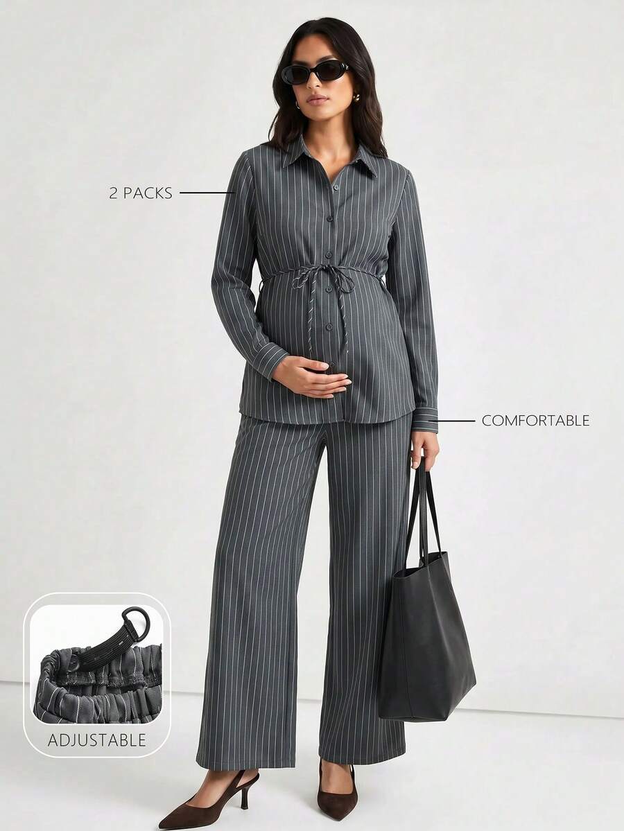 Modmama 孕婦休閒通勤條紋襯衫與長褲 2 件套裝 - 灰色 - 查看 1