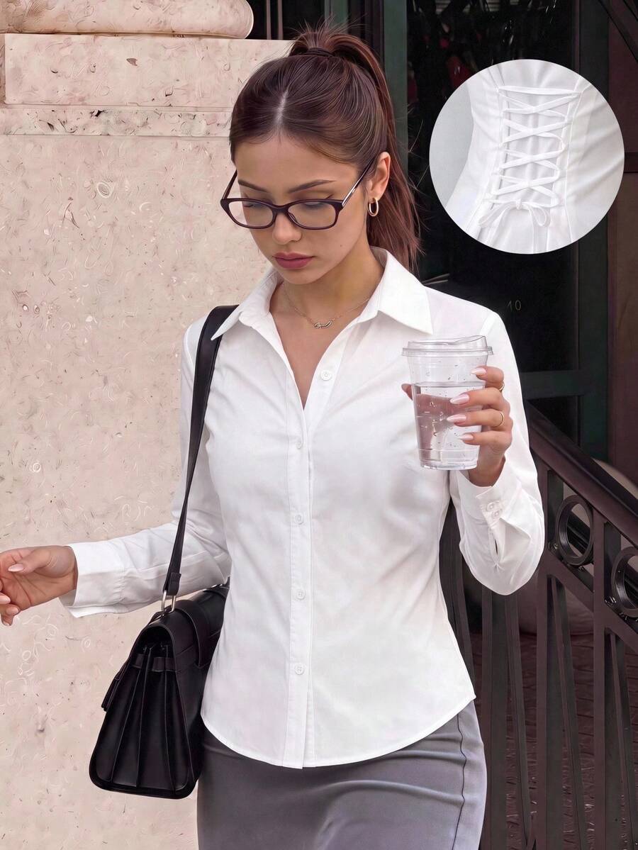 SHEIN 青少年女孩白色襯衫,秋季款,收腰設計,展現學院風、休閒且百搭造型,適合返校季,經典款 - 寶藍色 - 查看 1