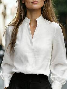 RosyDaze Women's Solid Color Notch V-Neck Long Sleeve Casual Shirt - White - View 1