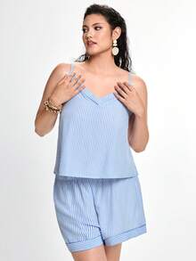 Slumbrini Set Piyama Wanita Ukuran Besar dengan Atasan Camisole dan Celana Pendek Motif Garis-garis - Blue and White - View 5