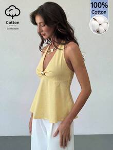 Aloruh 女款春夏亞麻金屬裝飾收腰A字版型襯衫 - 淡黃色 - 查看 4