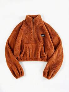 SHEIN EZwear 女款半拉鍊白色刷毛字母貼布設計運動衫，適合夏日穿搭及秋冬穿著 - 鏽棕色 - 查看 4