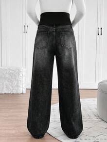 SHEIN Maternity Knit Belly Support Loose Straight Leg Jeans - Black - View 2