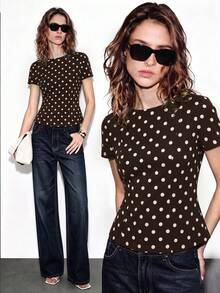 Lumivelle High Elasticity Knitted Fitted Solid Color Round Neck Short Sleeve Cinched Waist Ruffle Hem A-Line Casual Elegant Commute Minimalist Romantic Spring Summer Women's Regular T-Shirt - Brown - View 4