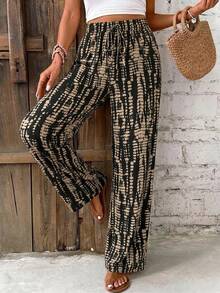 SHEIN PETITE CURVE Plus Size Women's Casual Drawstring Waist Colorblock Wide Leg Pants - Multicolor - View 6