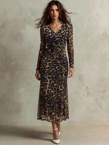 Franclia Women's Elegant Leopard Print Mesh V-Neck Waist Flared Hem Zipper Back Long Sleeve Dress, Fashionable For Dates In Autumn - Multicolor - View 1