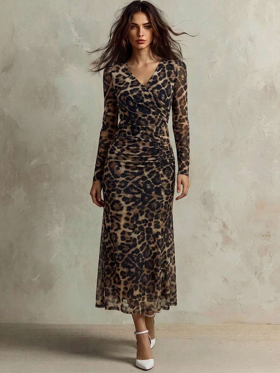 Franclia Women's Elegant Leopard Print Mesh V-Neck Waist Flared Hem Zipper Back Long Sleeve Dress, Fashionable For Dates In Autumn - Multicolor - View 1