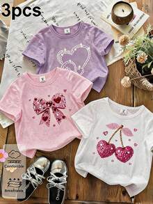 Set de 3 camisetas de niña con estampado de dibujo animado de capibara, de cuello redondo y manga corta para el verano - Rosa Pálido - Ver 1
