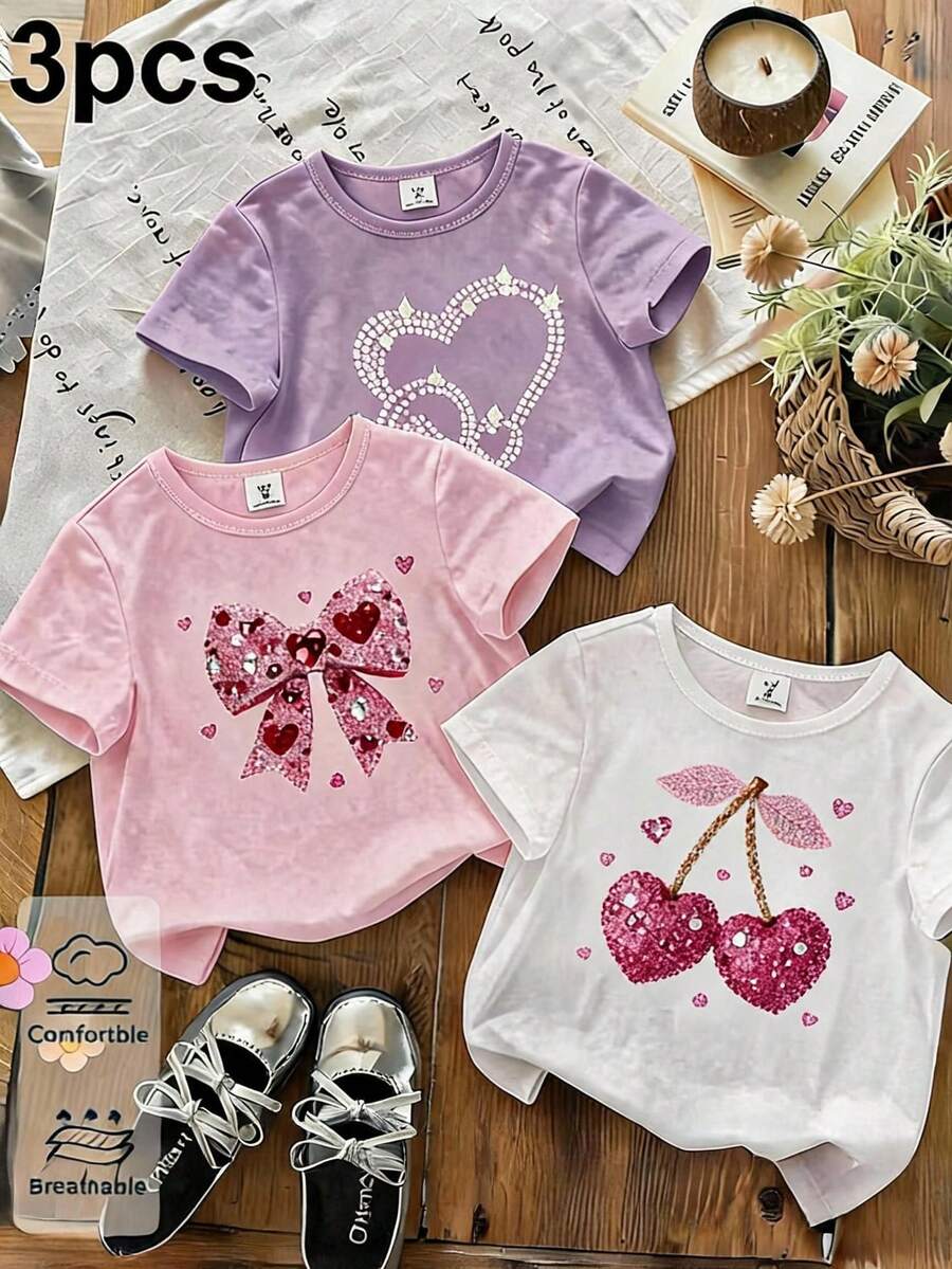 Set de 3 camisetas de niña con estampado de dibujo animado de capibara, de cuello redondo y manga corta para el verano - Rosa Pálido - Ver 1