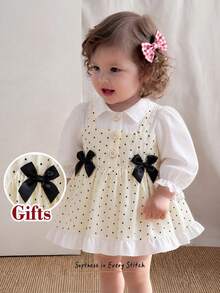 SHEIN Playful Pals 嬰兒長袖領口拼接淺黃色波點收腰蝴蝶結裝飾 2合1 初秋休閒時尚女嬰洋裝 - 白色 - 查看 3