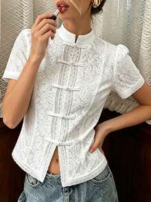 SHEIN PariChic Women's French Elegant Lace Short Sleeve Blouse, All-Season Versatile Stand Collar Frog Button Top, Slightly Sheer Crochet Lace Fabric, Slim Fit Cropped Hem, Vintage Style Design; Suitable For Office Commute, Daily Wear, Casual Outings And Weekend Outfits, Easily Paired With Jeans, Casual Pants And Skirts - White - View 4