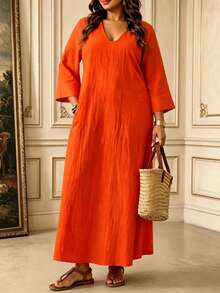 SHEIN LUNE CURVE Plus Size Solid Color Washed Cotton Casual 3/4 Sleeve Dress, Autumn/Winter Vacation Outfit, Casual Holiday Wear, Outing Dress Fall - Orange - View 5