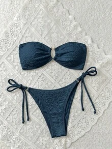 Swim Mod 女款夏季海灘純色抹胸比基尼上衣與三角褲兩件式泳衣套裝 - 藍色 - 查看 3