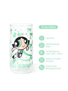 THE POWERPUFF GIRLS X SHEIN 1個 19.60oz/580ml L號可愛卡通圖案印花硼矽酸鹽玻璃杯，耐冷耐熱，適用於牛奶、果汁、咖啡、氣泡水等，草莓、蝴蝶結、貓咪圖案 - 無色 - 查看 3