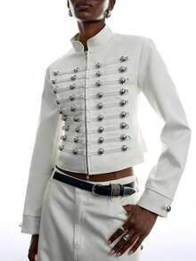 LYSMO Women's Studded Decor Fashion Versatile Daily Wear Jacket - White - View 4