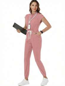 TaskEZ Solid Color Drawstring Waist Scrub Uniform Jumpsuit - Pink - View 4