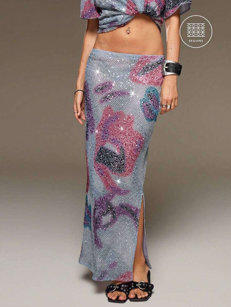 BAD SUNDAY Women's Long Skirt With Sequin Pattern, All Season, Y2K Millennium Style, Cool, Vacation Streetwear - Multicolor - View 1
