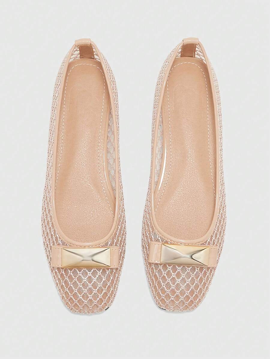 CUCCOO BIZCHIC Women's Spring And Summer Mesh Metal Buckle Ballet Shoes, Square Toe Flat Sole Shoes, Commuter Versatile Women's Shoes - Apricot - View 1