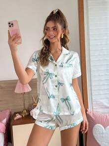 SweetSlumber PJS9 女款緞面數位印花睡衣套裝 - 綠色 - 查看 5