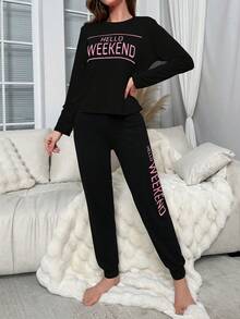 Lazeform Ladies' Long Sleeve Pajama Set With Letter Pattern, Fall Winter Clothes Cozy And Elegant Details - Black - View 5