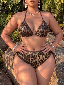 Swim Vcay Plus Size Women's Summer Beach Leopard Print Halter Tie Sexy Bikini And Triangle Bottom Two-Piece Swimsuit Set - Coffee Brown - View 4