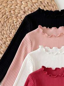 Conjunto de 4 piezas de blusas de manga larga con cuello de volantes de unicolor para niñas bebé en negro, blanco y rosa - Multicolor - Ver 4