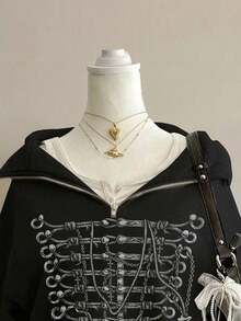 SHEIN EZwear 秋季新款 Grunge 個性化 Napo 拿破崙花卉圖案 寬鬆灰色半拉鍊高領薄款運動衫套頭衫，Y2K、音樂節、萬聖節、派對、畢業季、約會、聚會 - 黑色 - 查看 3