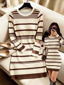 SHEIN Women's Autumn/Winter New Hot-Selling Colorblock Striped Print Pattern Slim Fit Versatile Fashion Dress - Multicolor - View 1