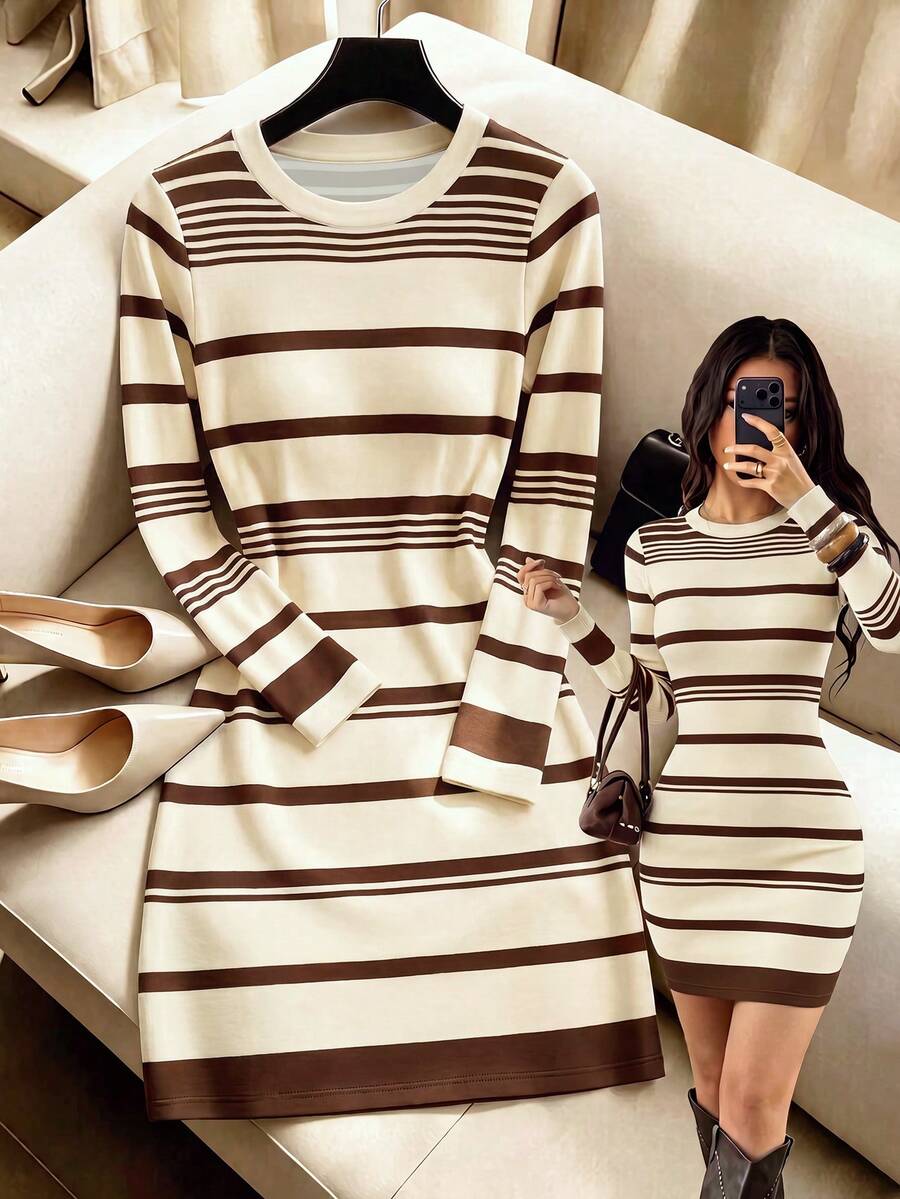 SHEIN Women's Autumn/Winter New Hot-Selling Colorblock Striped Print Pattern Slim Fit Versatile Fashion Dress - Multicolor - View 1