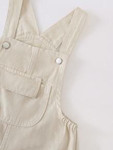 SHEIN Playful Pals 女童牛仔連身褲，四季休閒牛仔女郎西式百搭風格，復古淺藍色前口袋，蝴蝶結刺繡，寬鬆直筒夏季款 - 卡其色 - 查看 5