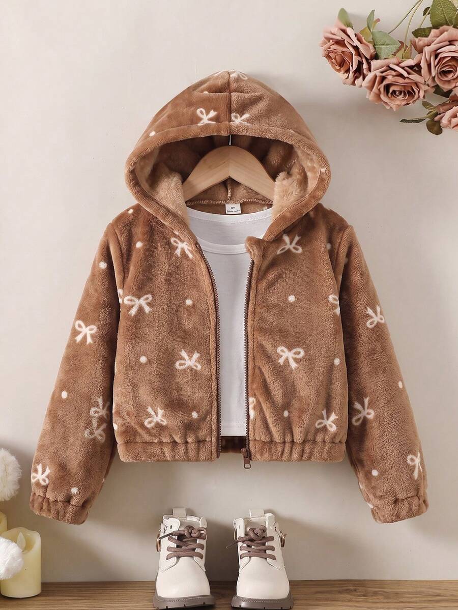SHEIN 女童甜美軟萌風咖啡色外套,毛絨面料觸感柔軟,滿版白色蝴蝶結與波點圖案,全包覆連帽設計,前開襟 - 棕色 - 查看 1