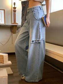 FRIFUL Celana Jeans Denim Kasual Serbaguna untuk Wanita, Dilengkapi Saku dan Kancing, serta Atasan yang Cantik - Biru - View 2