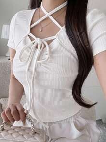 FRIFUL 女款夏季新款純色抽繩綁帶收腰顯瘦休閒百搭T恤 - 白色 - 查看 5