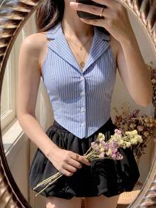 SHEIN MOD 女款條紋翻領單排扣掛脖背心上衣 - 藍白色 - 查看 3