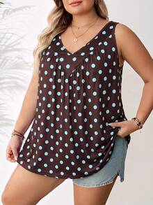 SHEIN CURVE+ 女款大尺碼波點百褶休閒百搭日常穿著上衣 - 棕色 - 查看 3