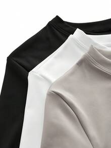 SHEIN Cheerettes 女款 3 件組 純色高低下擺長袖運動 T 恤短版上衣透氣運動休閒短版外套套裝 健身房穿搭 黑色 淺灰色 白色 秋季 - 彩色 - 查看 5