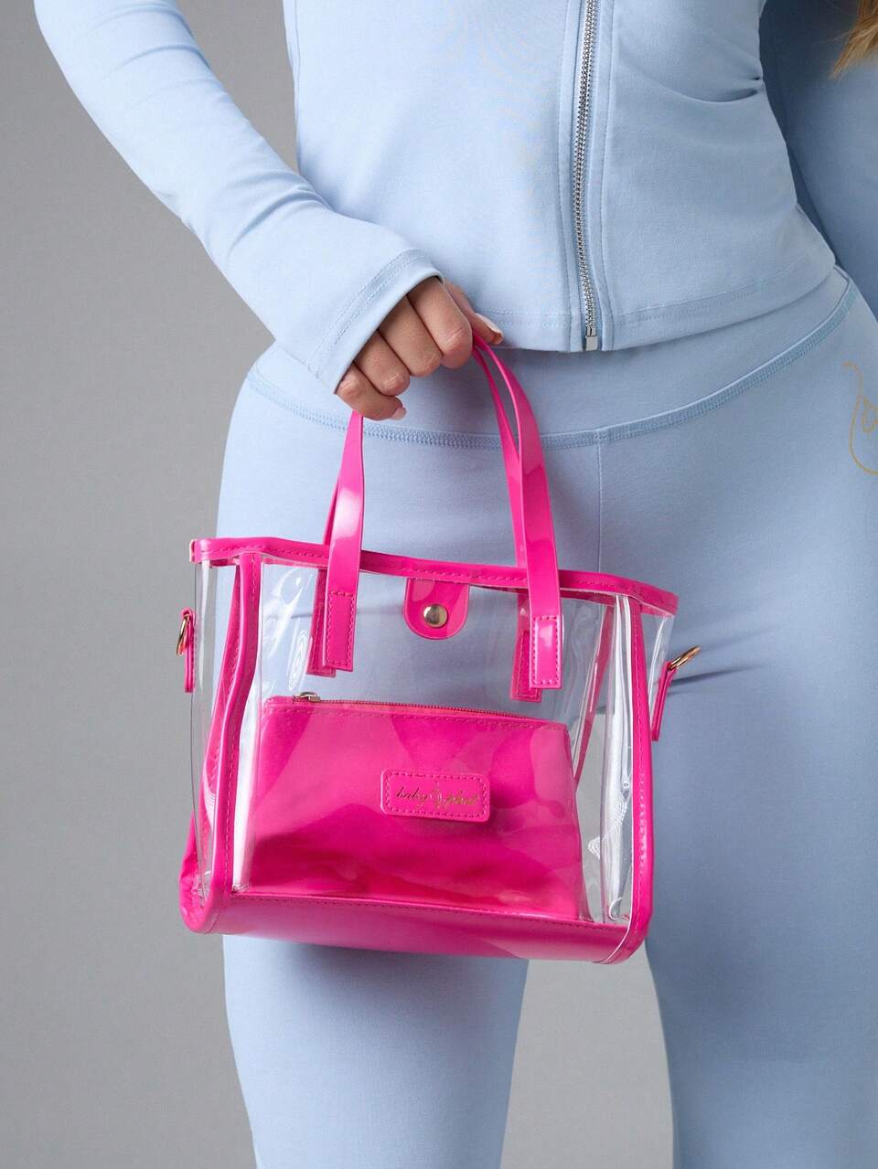 BABYPHAT Conjunto de Bolsa Tote Transparente com Acabamento em Verniz Rosa Choque e Alça Transversal, Aprovado para Estádios