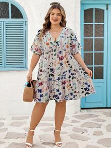 SHEIN CURVE+ 尺码 US22 适合音乐节、海滨度假、波西米亚风的女士条纹V领蝙蝠袖短袖荷叶边下摆休闲连衣裙，秋季女装，冬季，CURVE PLUS - 卡其色 - 查看 6