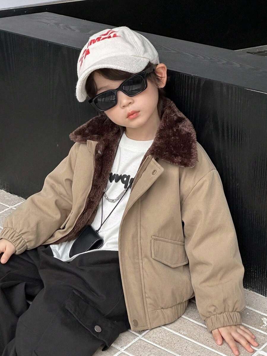Dazy Kids Young Boy Fashion Versatile Button & Zipper Long Sleeve Padded Coat Winter - Khaki - View 1