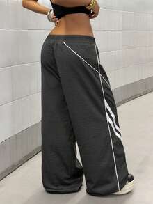 StreetHx 2000年代風格保守 Y2K 女款秋冬休閒街頭風灰色條紋拼接對比色圖案刺繡寬腿長褲健身褲 - 灰色 - 查看 2