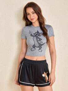 TOM & JERRY X SHEIN Women's Cartoon Print Short Sleeve T-Shirt And Shorts Pajama Set - Grey - View 1