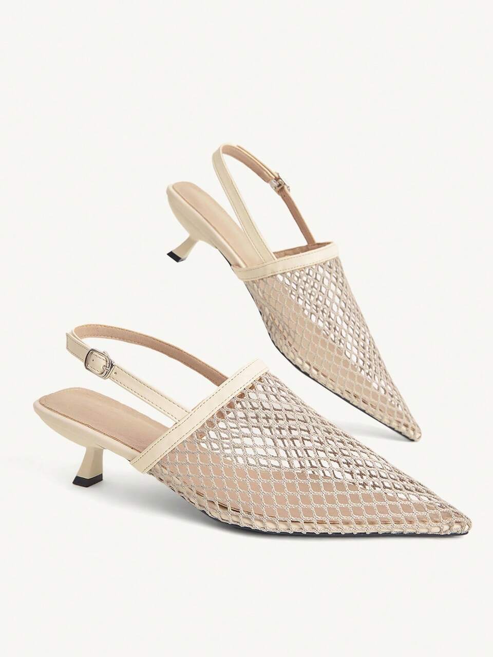 CUCCOO CHICEST Apricot Mesh Hollowed-Out Pointed Back Strap Sandals, Low-Heeled Cat And Closed Toe Shoes, Breathable Soft-Soled Commuting Versatile And Gentle Women's Shoes