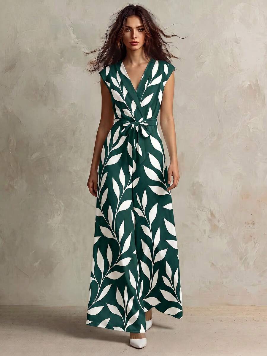Franclia 女式夏季收腰连体裤、阔腿裤套装、植物印花连体衣 - 綠色 - 查看 1