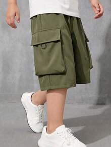 Tween Boys' Casual Everyday Comfortable Patch Pocket Loose Solid Woven Shorts - Army Green - View 2