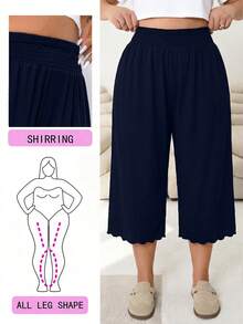 SHEIN CURVE+ 大尺碼女款休閒彈性腰針織七分褲 - 藏蓝色 - 查看 7