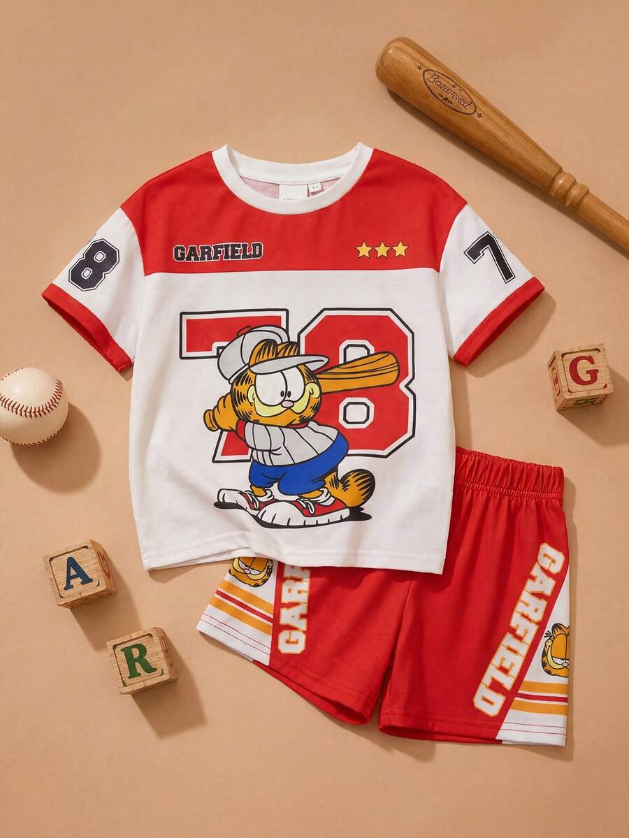 GARFIELD | SHEIN Set Kaos dan Celana Pendek Anak Laki-Laki Motif Kartun Warna Kontras - Putih - View 1